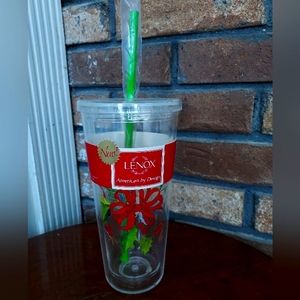 Lenox Holly Ribbon 21.5 oz Acrylic Thermal Travel Tumbler Cup Reusable Straw New